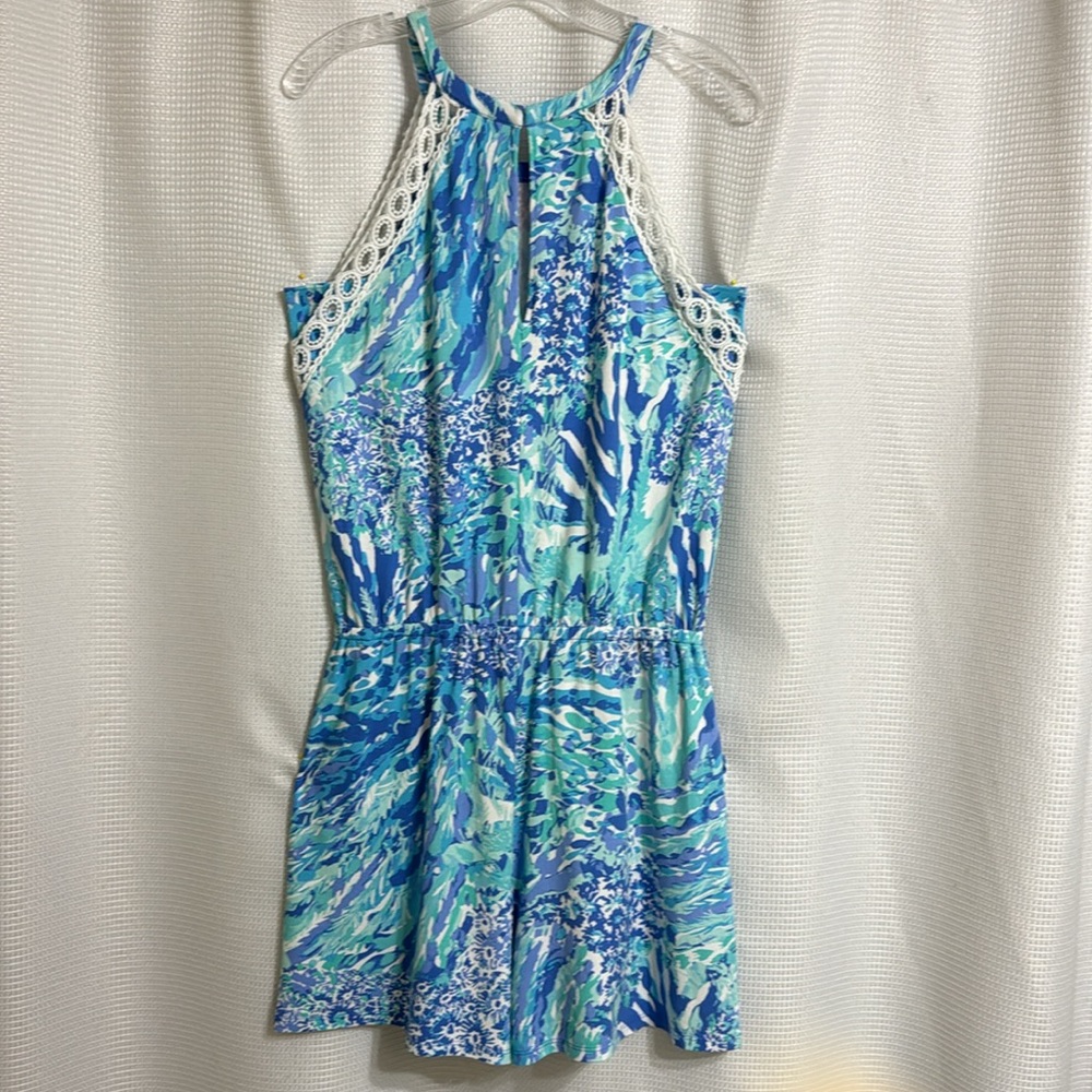 Lilly Pulitzer Blue Green Printed Lace-Trim Halter Romper - Picture 2 of 8